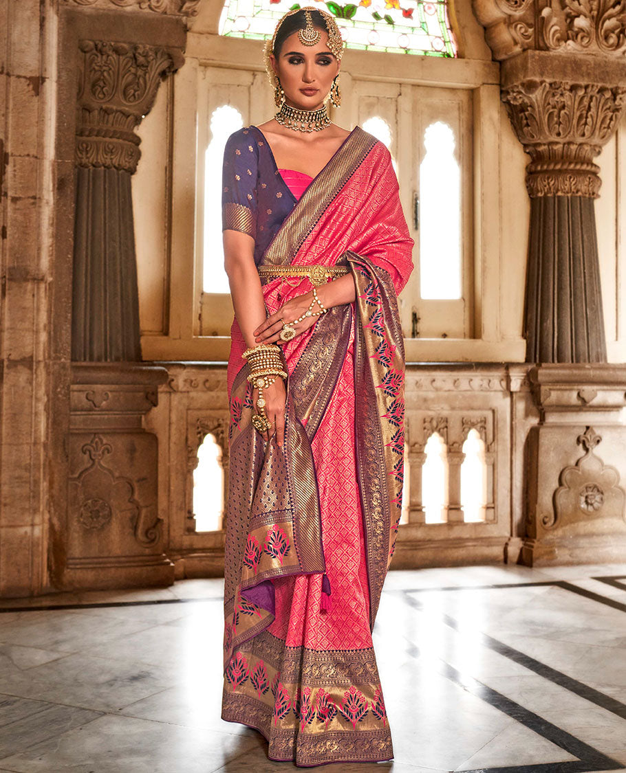 Pink jaal-patterned designer catalog saree, contrast traditional motifs border of resham floral designs, and ogee patterned pallu