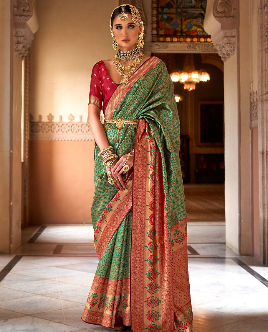 Green jaal-patterned designer catalog saree, contrast traditional motifs border of resham floral designs, and ogee patterned pallu
