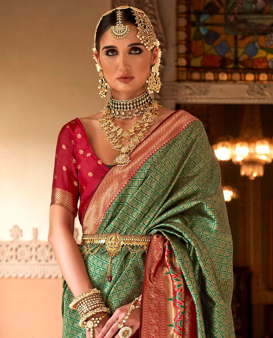 Green jaal-patterned designer catalog saree, contrast traditional motifs border of resham floral designs, and ogee patterned pallu