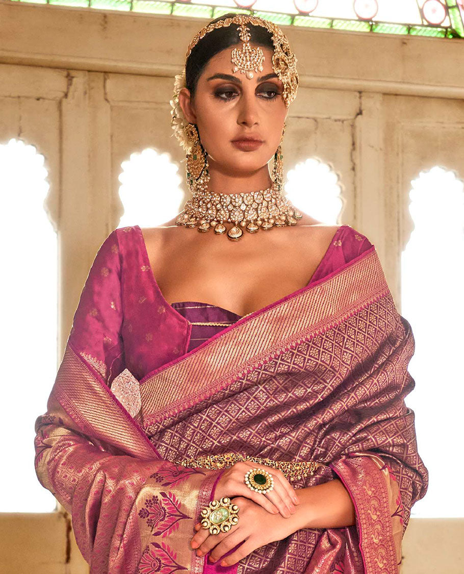 Purple jaal-patterned designer catalog saree, contrast traditional motifs border of resham floral designs, and ogee patterned pallu