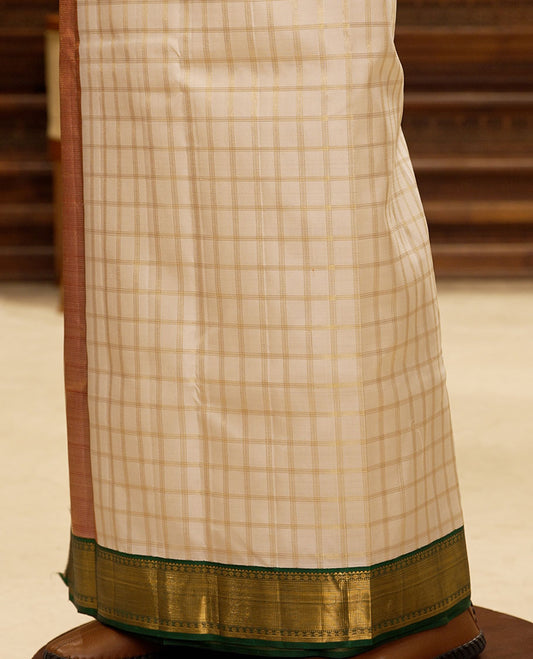 Cream golden zari checked design pure silk double-layer dhoti with contrast ganga jamuna border of traditional zari designs