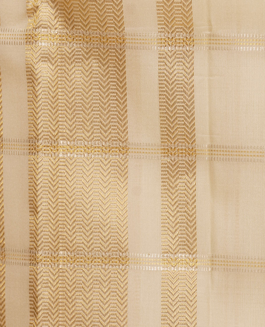 Cream Muthu zari checked pure silk double-layered dhoti with zari border of rekku, banaras, kuyil kann & ara maadam
