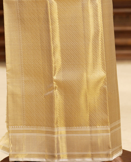 Cream golden zari  jacquard design pure silk double-layer dhoti with border of rekku,banaras,kuyil kann & zari stripes