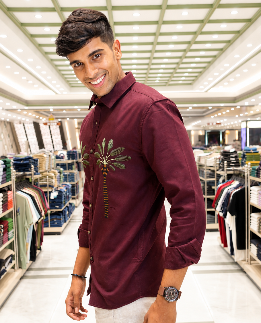 Maroon Cotton-Blended Casual Shirt, Artfully Designed with Palm Tree Motifs Embroidery, Featuring a Spread Collar, Full Sleeves, Slim Fit, and Regular Length