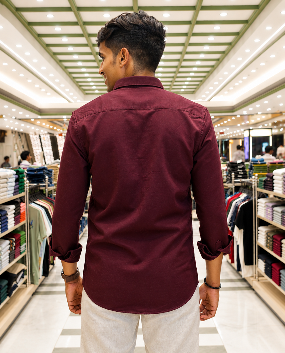 Maroon Cotton-Blended Casual Shirt, Artfully Designed with Palm Tree Motifs Embroidery, Featuring a Spread Collar, Full Sleeves, Slim Fit, and Regular Length