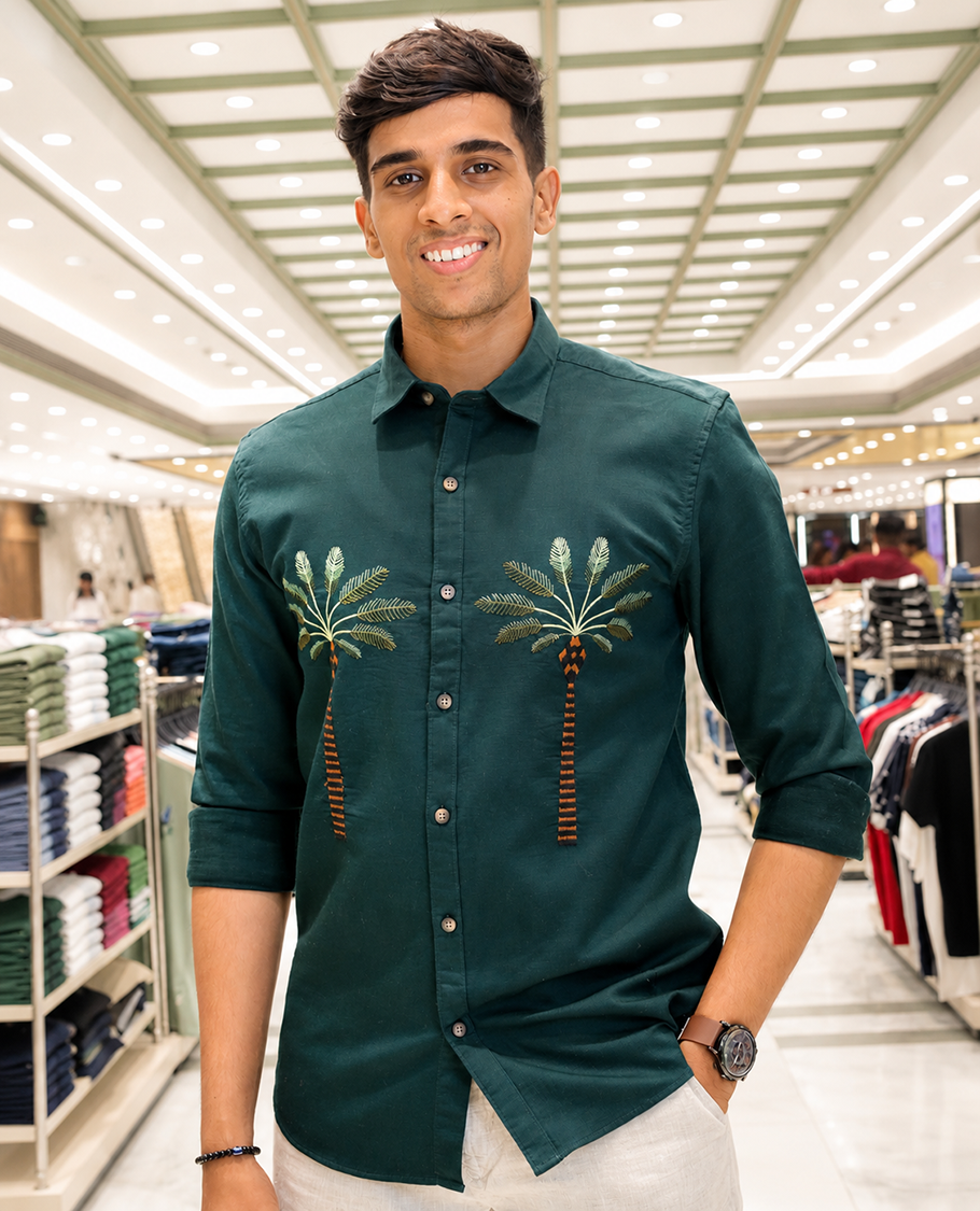 Green Cotton-Blended Casual Shirt, Artfully Designed with Palm Tree Motifs Embroidery, Featuring a Spread Collar, Full Sleeves, Slim Fit, and Regular Length