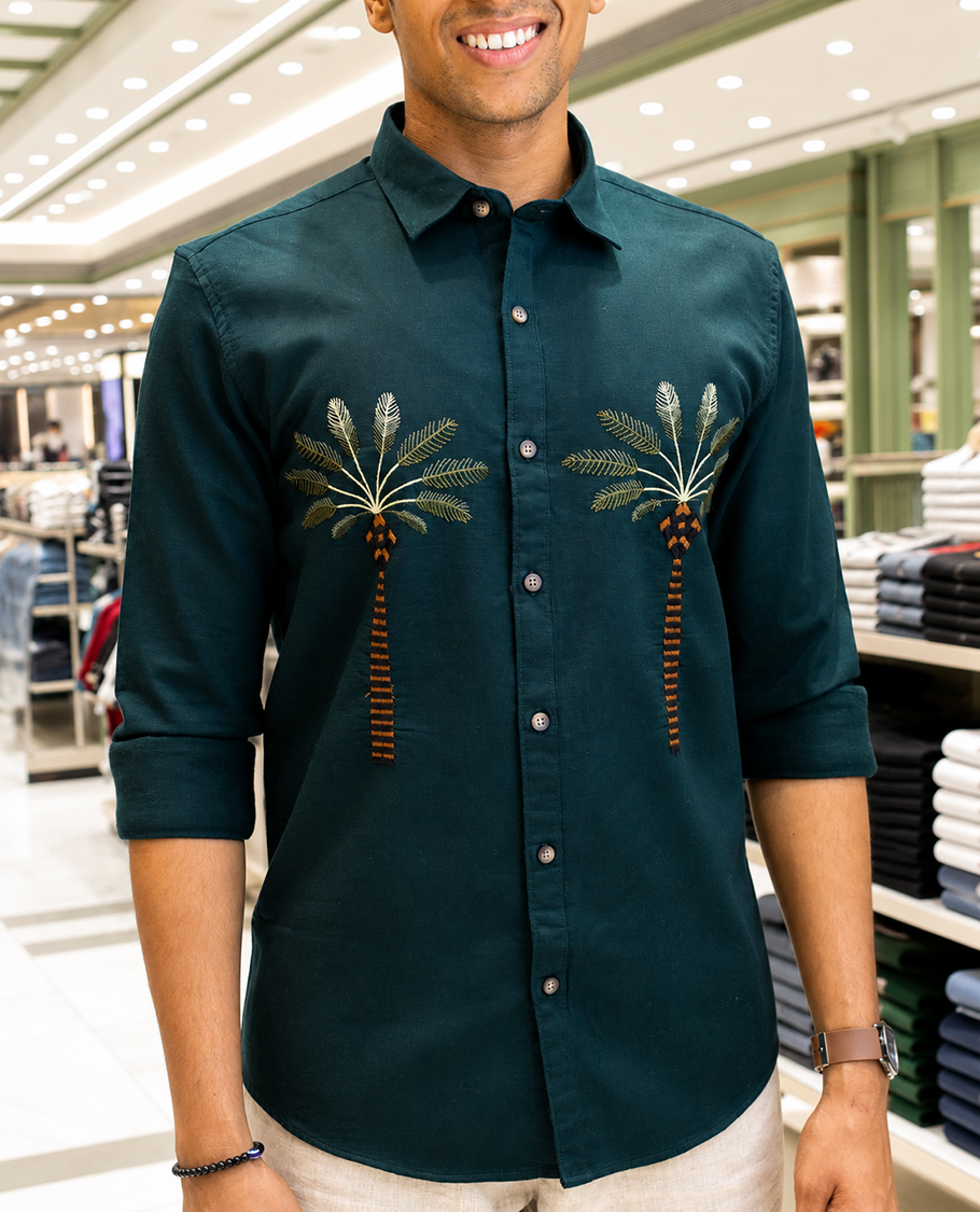 Green Cotton-Blended Casual Shirt, Artfully Designed with Palm Tree Motifs Embroidery, Featuring a Spread Collar, Full Sleeves, Slim Fit, and Regular Length