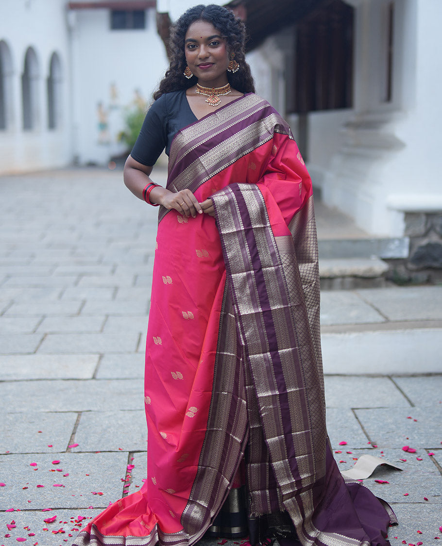 Orange and Brown Budget Silk Saree, Enriched with Leaf Zari Buttas All Over Its Body, Complemented by Contrast Rettai Pettu Traditional Zari Designs Woven Border, Grand Jaal Pallu, and Paired with a Contrast Blouse