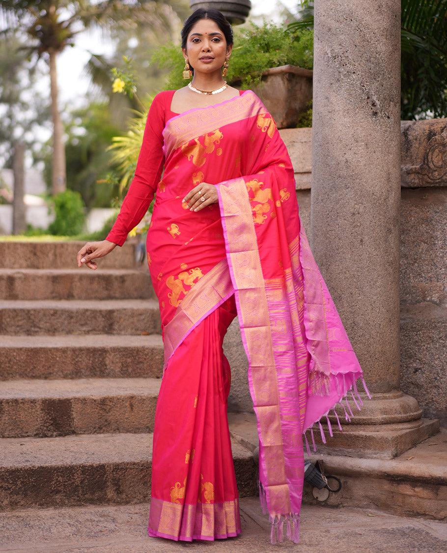 Red Yalli Motif Budget Silk Saree, Contrast Traditional Zari Border, and a Contrast Blouse