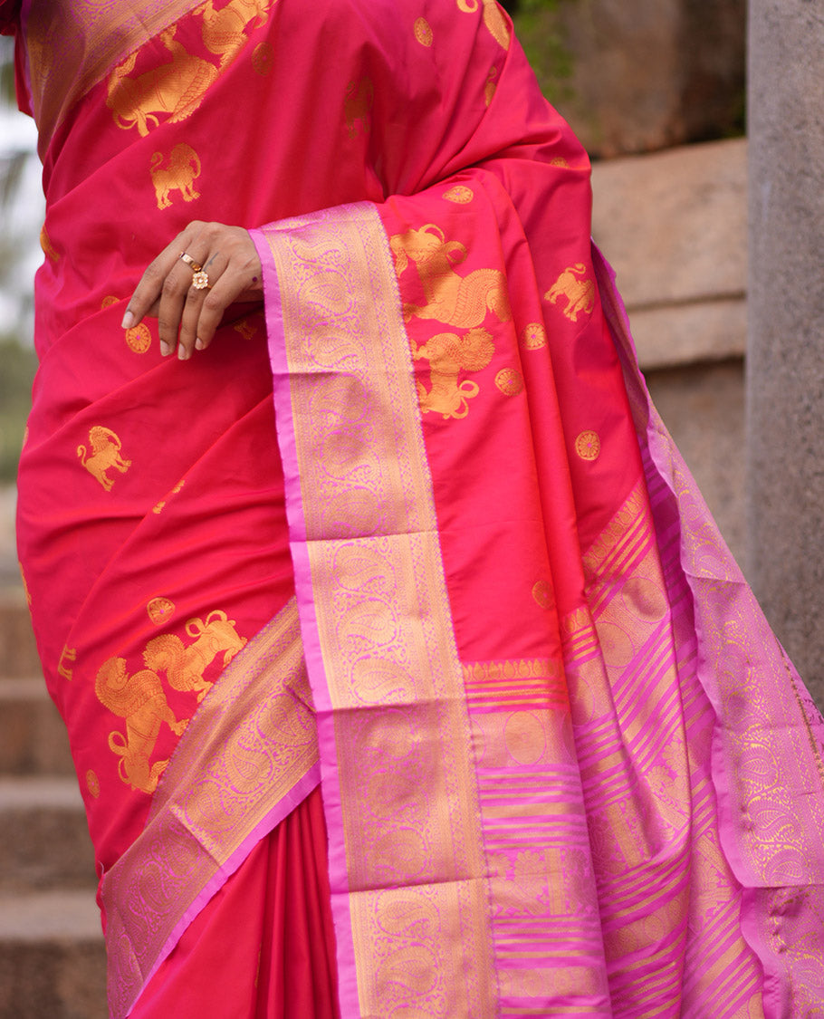 Red Yalli Motif Budget Silk Saree, Contrast Traditional Zari Border, and a Contrast Blouse