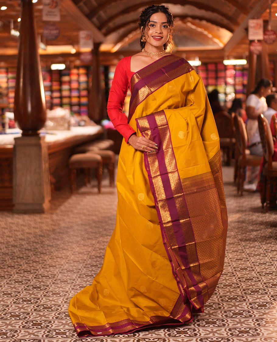 Lemon Yellow-Purple Zari Buttas Budget Silk Saree, a Contrast Traditional Rettai Pettu Border, Grand Pallu, a Contrast Blouse