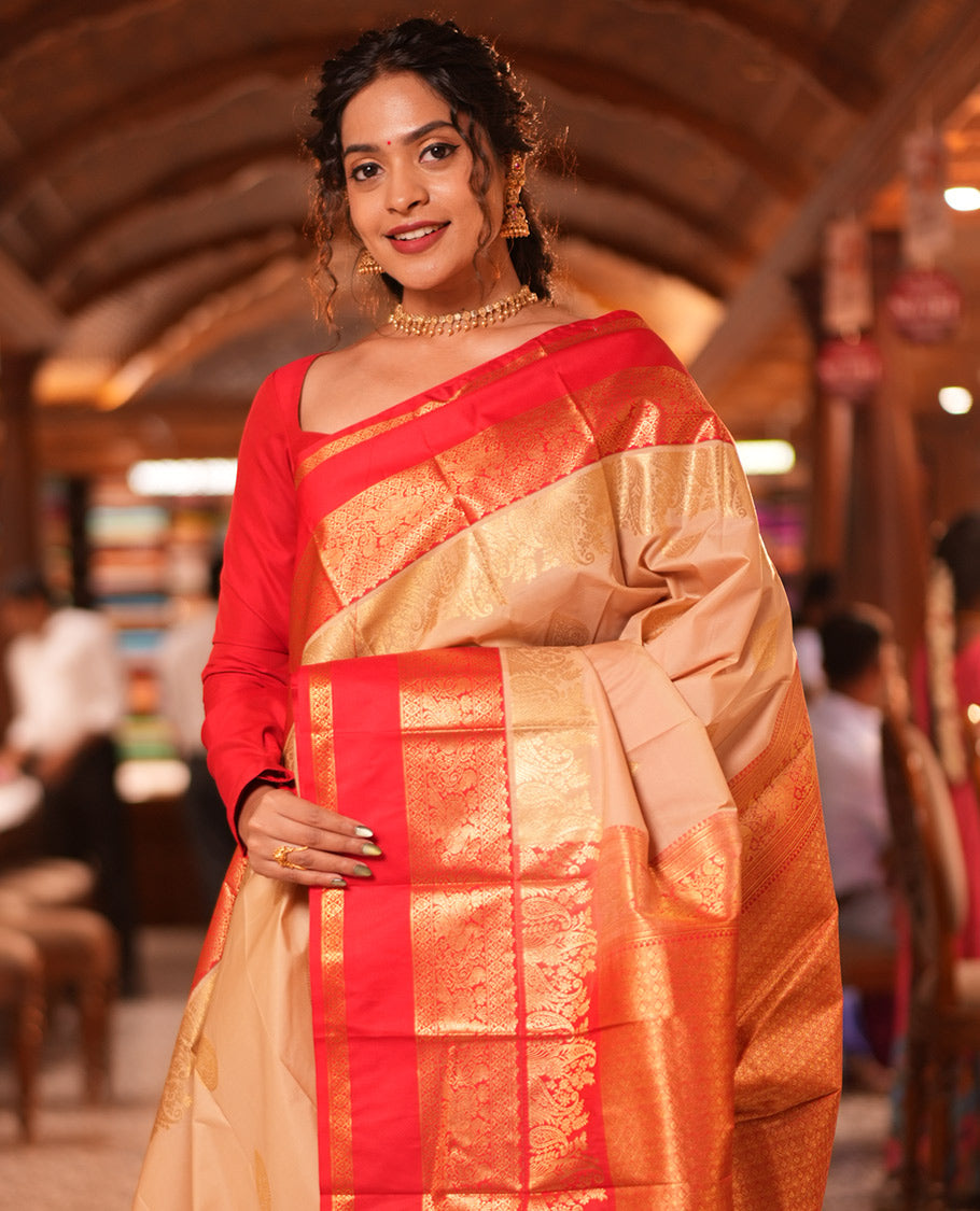 Paan-Chilli Red Zari Buttas Budget Silk Saree, a Contrast Traditional Rettai Pettu Border, Grand Pallu, a Contrast Blouse