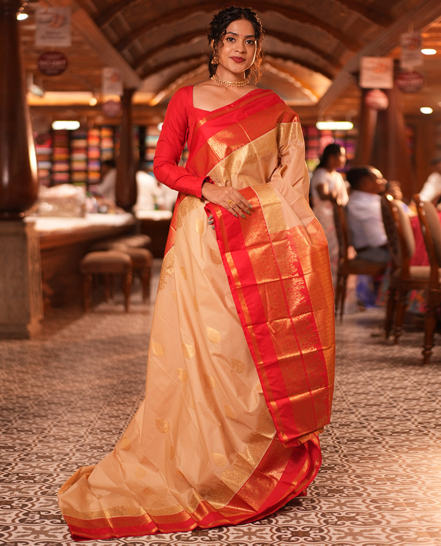 Paan-Chilli Red Zari Buttas Budget Silk Saree, a Contrast Traditional Rettai Pettu Border, Grand Pallu, a Contrast Blouse