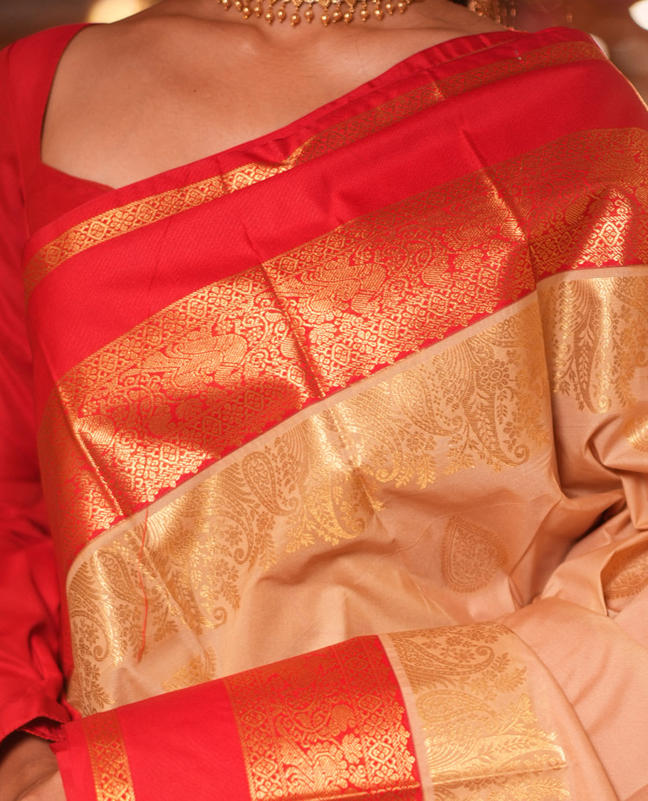Paan-Chilli Red Zari Buttas Budget Silk Saree, a Contrast Traditional Rettai Pettu Border, Grand Pallu, a Contrast Blouse