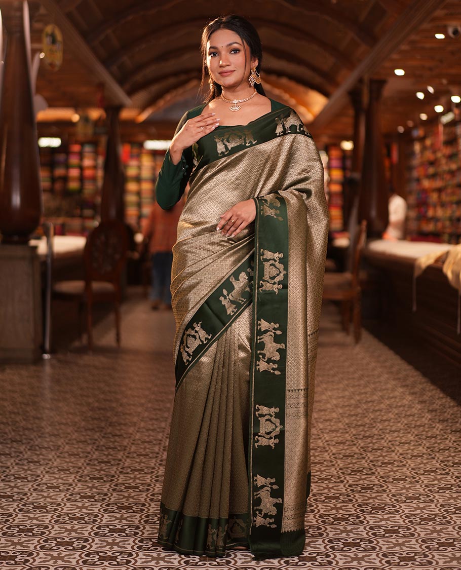 Mehenti Green Russian Dola Silk Saree Features Jacquard, Wedding-Themed Border, Jaal Pallu, Matching Blouse