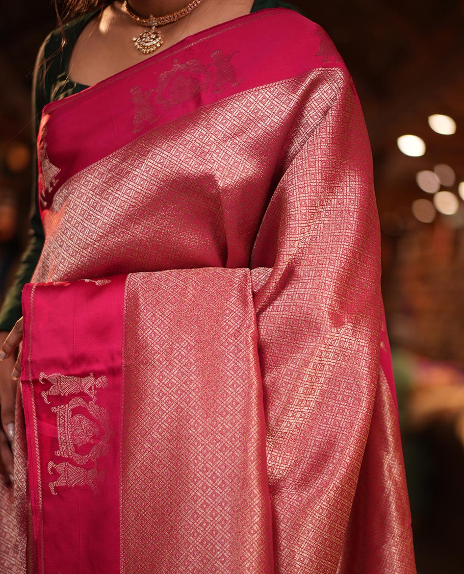 Rani Pink Russian Dola Silk Saree Features Jacquard, Wedding-Themed Border, Jaal Pallu, Matching Blouse