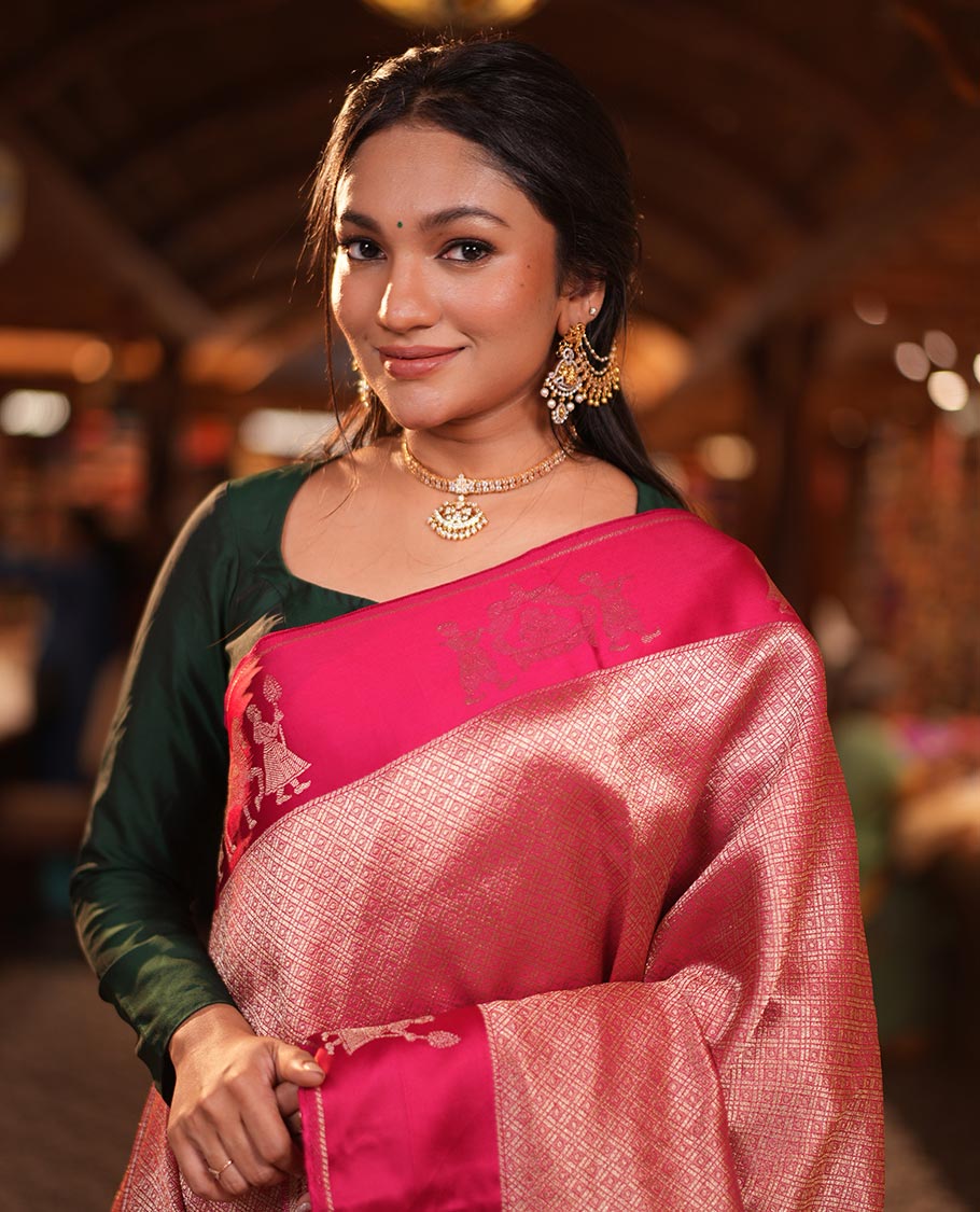 Rani Pink Russian Dola Silk Saree Features Jacquard, Wedding-Themed Border, Jaal Pallu, Matching Blouse