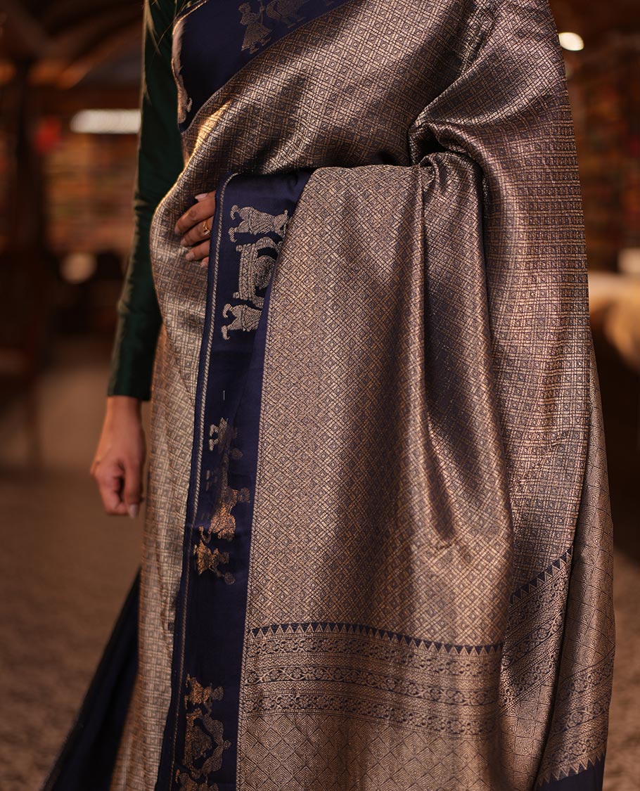 Navy Russian Dola Silk Saree Features Jacquard, Wedding-Themed Border, Jaal Pallu, Matching Blouse