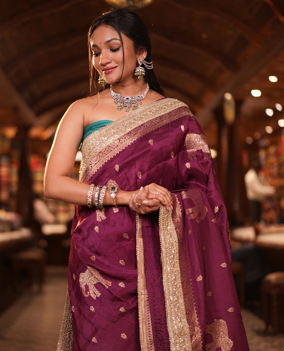 Wine Elephant Buttas Russian Dola Silksaree,Embroidery Patch Border,Matching Blouse