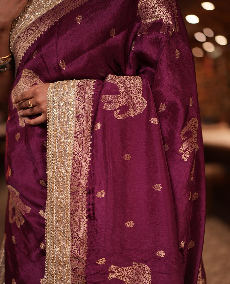 Wine Elephant Buttas Russian Dola Silksaree,Embroidery Patch Border,Matching Blouse