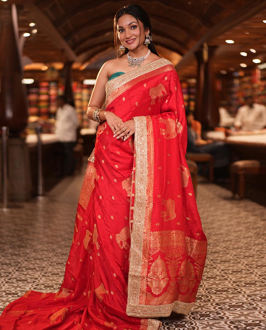 Red Elephant Buttas Russian Dola Silksaree, Embroidery Patch Border, Matching Blouse