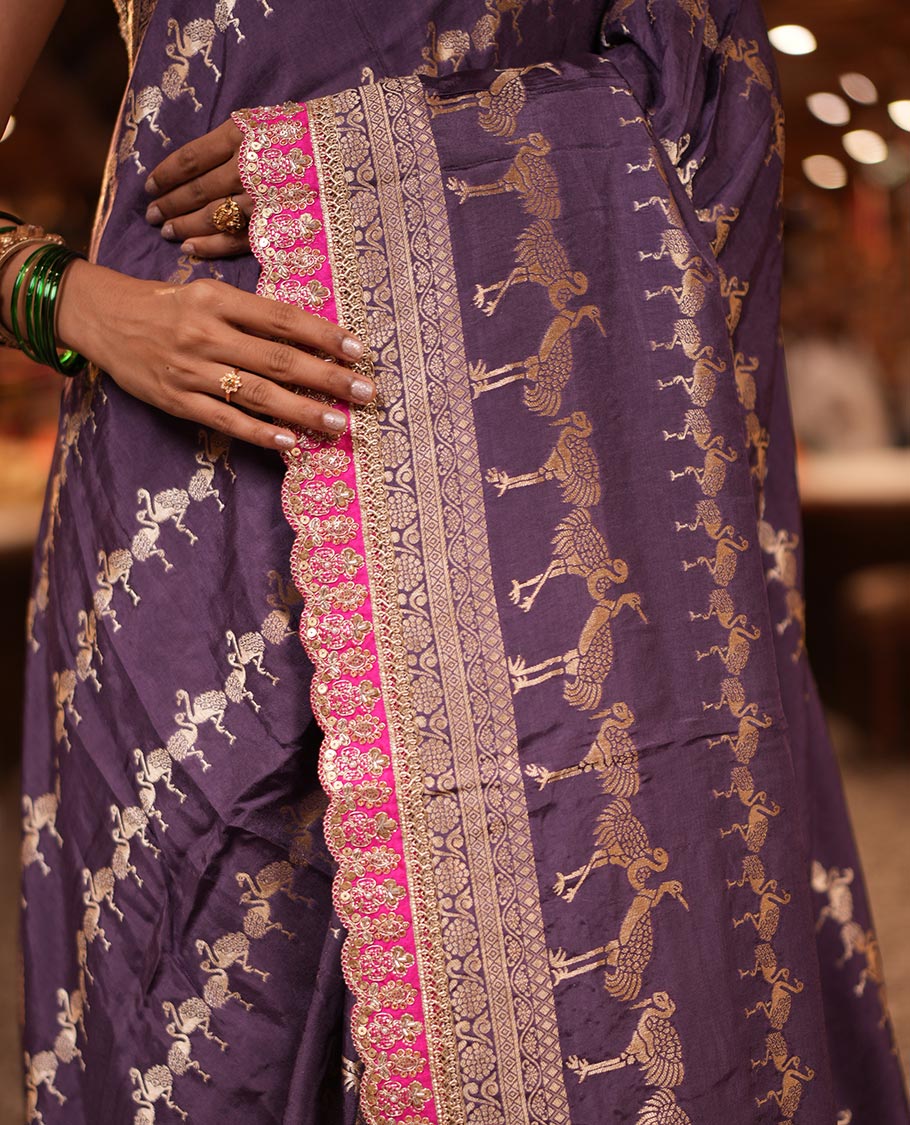 Lavender Bird Buttas Russian Dola Silk Saree, Contrast Patchwork Border, Matching Blouse