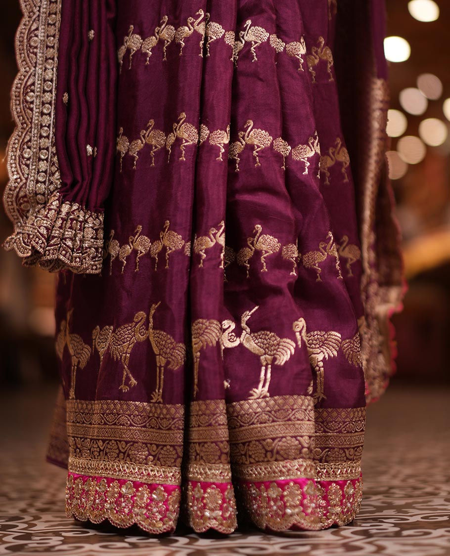 Wine Bird Buttas Russian Dola Silk Saree, Contrast Patchwork Border, Matching Blouse