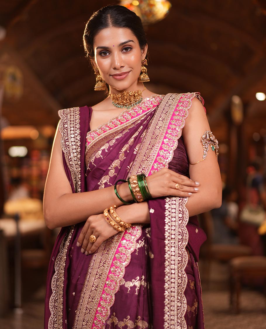 Wine Bird Buttas Russian Dola Silk Saree, Contrast Patchwork Border, Matching Blouse