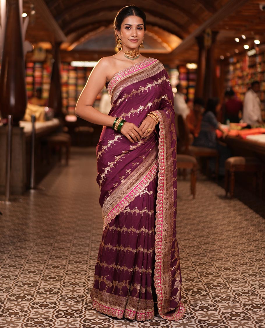 Wine Bird Buttas Russian Dola Silk Saree, Contrast Patchwork Border, Matching Blouse