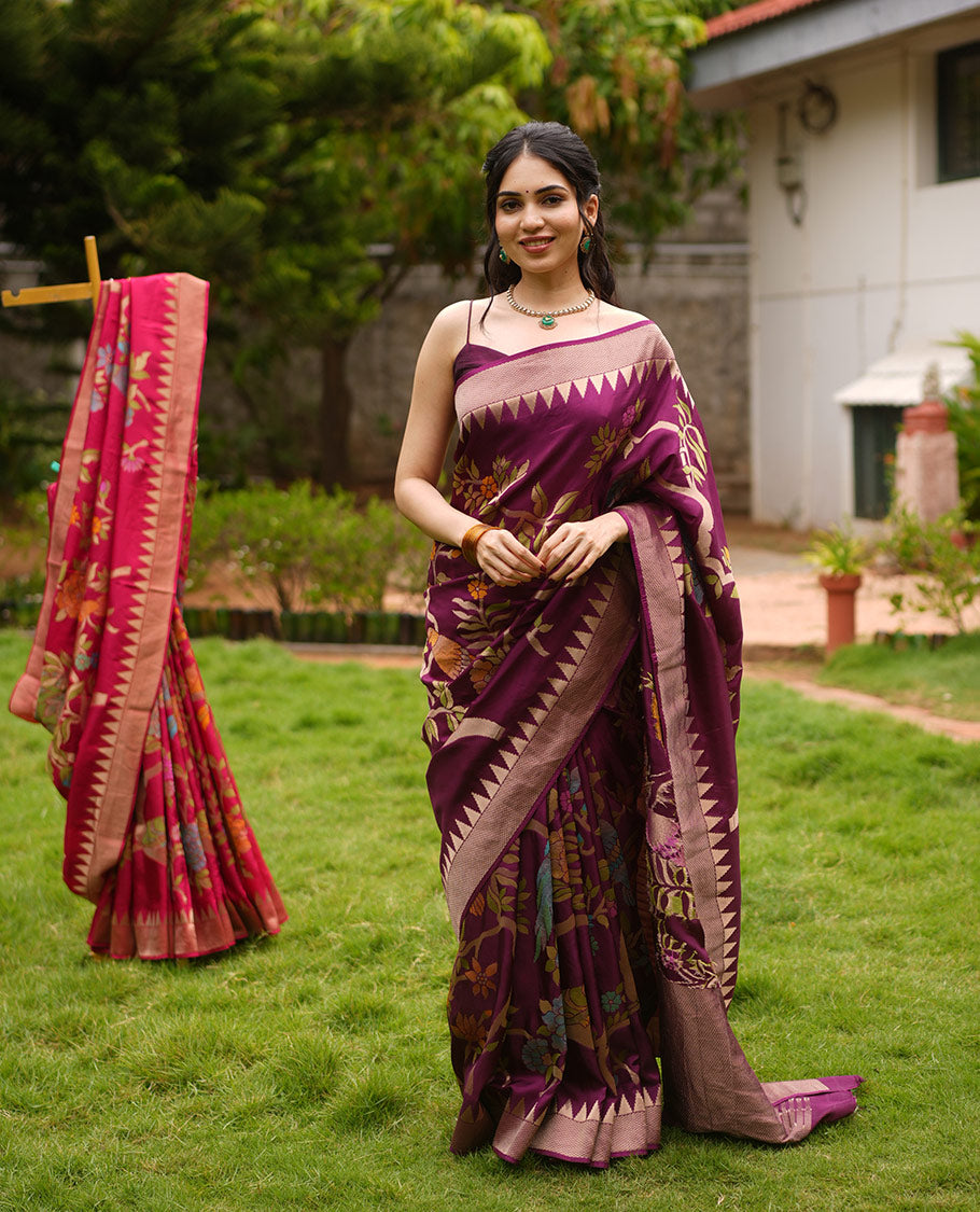 Purple Paithani Floral Motifs Dola Silk Saree, Temple Border, Matching Blouse