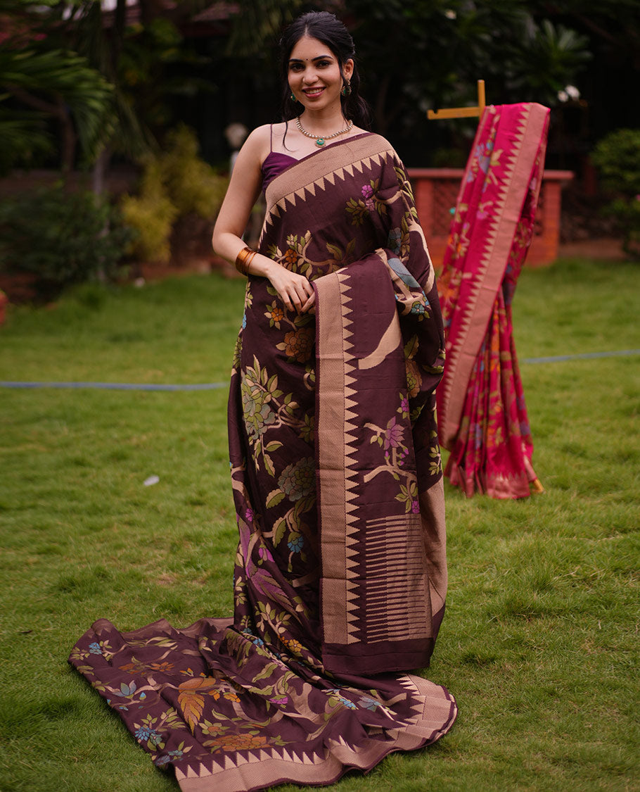 Coffee Brown Paithani Floral Motifs Dola Silk Saree, Temple Border, Matching Blouse