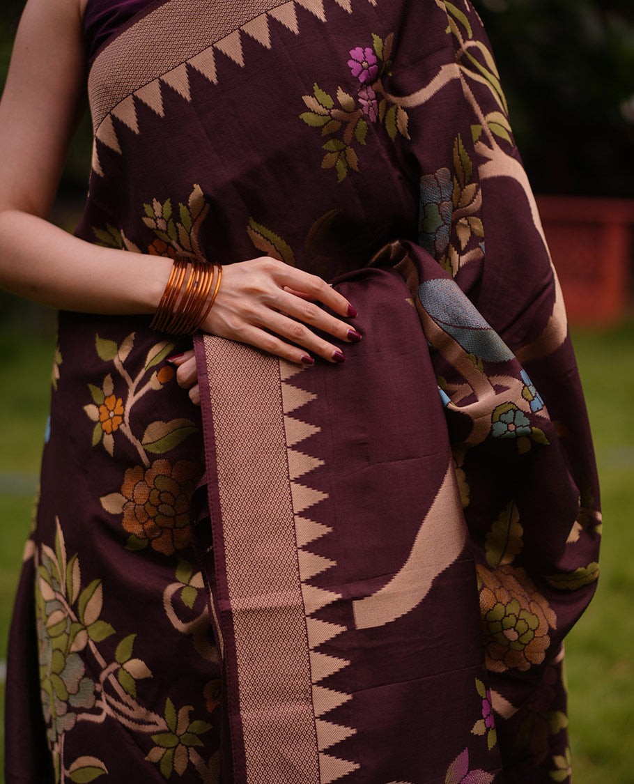 Coffee Brown Paithani Floral Motifs Dola Silk Saree, Temple Border, Matching Blouse