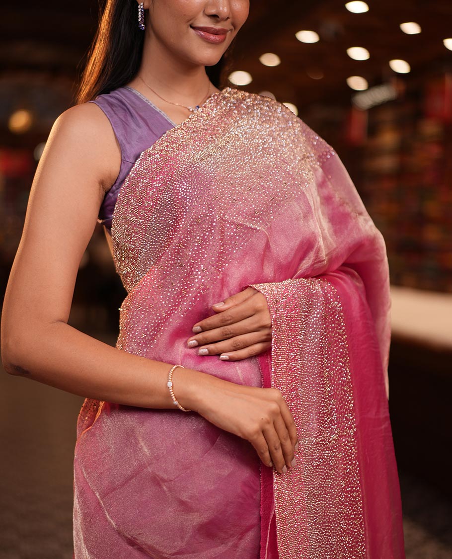 Onion Pink Fendi Silk Saree with Swarovski Stonework Border and a Stonework Blouse