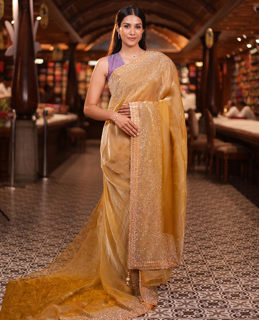 Gold Fendi Silk Saree, Enthralled with Swarovski Stonework Border, and a Stonework Blouse
