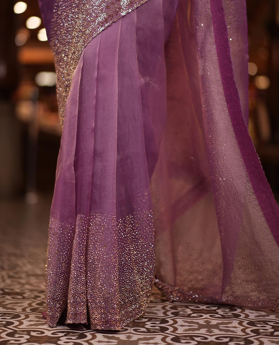 Lavender Fendi Silk Saree with Swarovski Stonework Border, and a Stonework Blouse