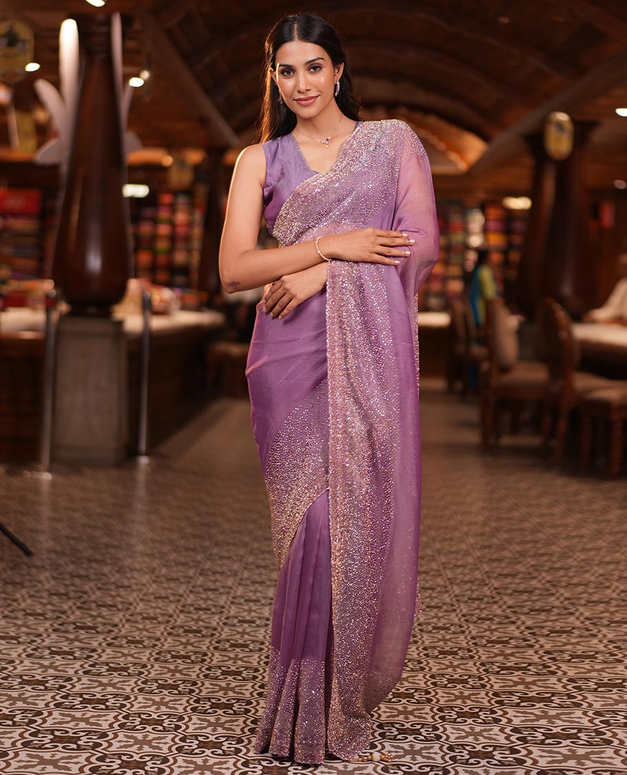 Lavender Fendi Silk Saree with Swarovski Stonework Border, and a Stonework Blouse