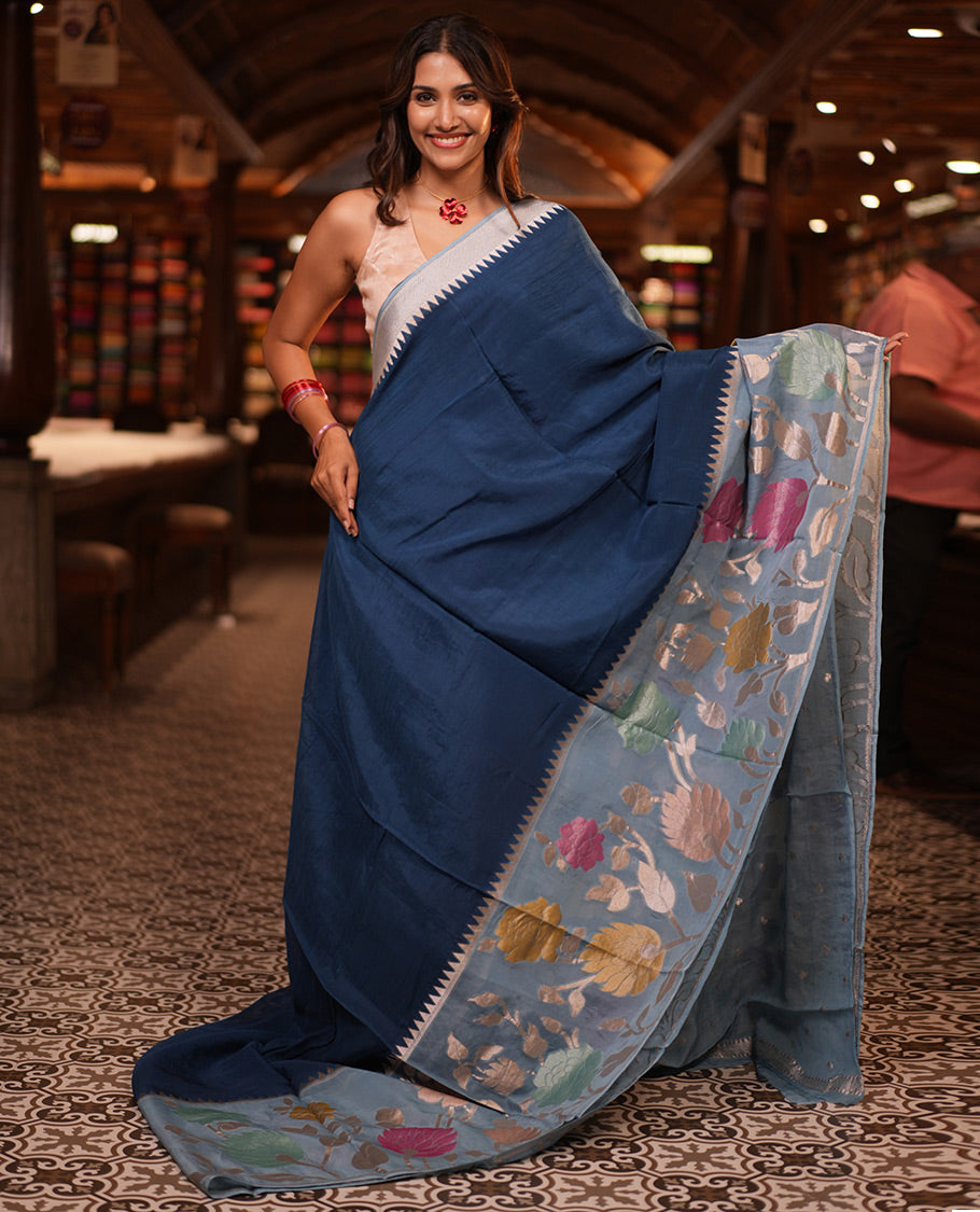 Peacock Blue Plain Viscose Georgette Saree