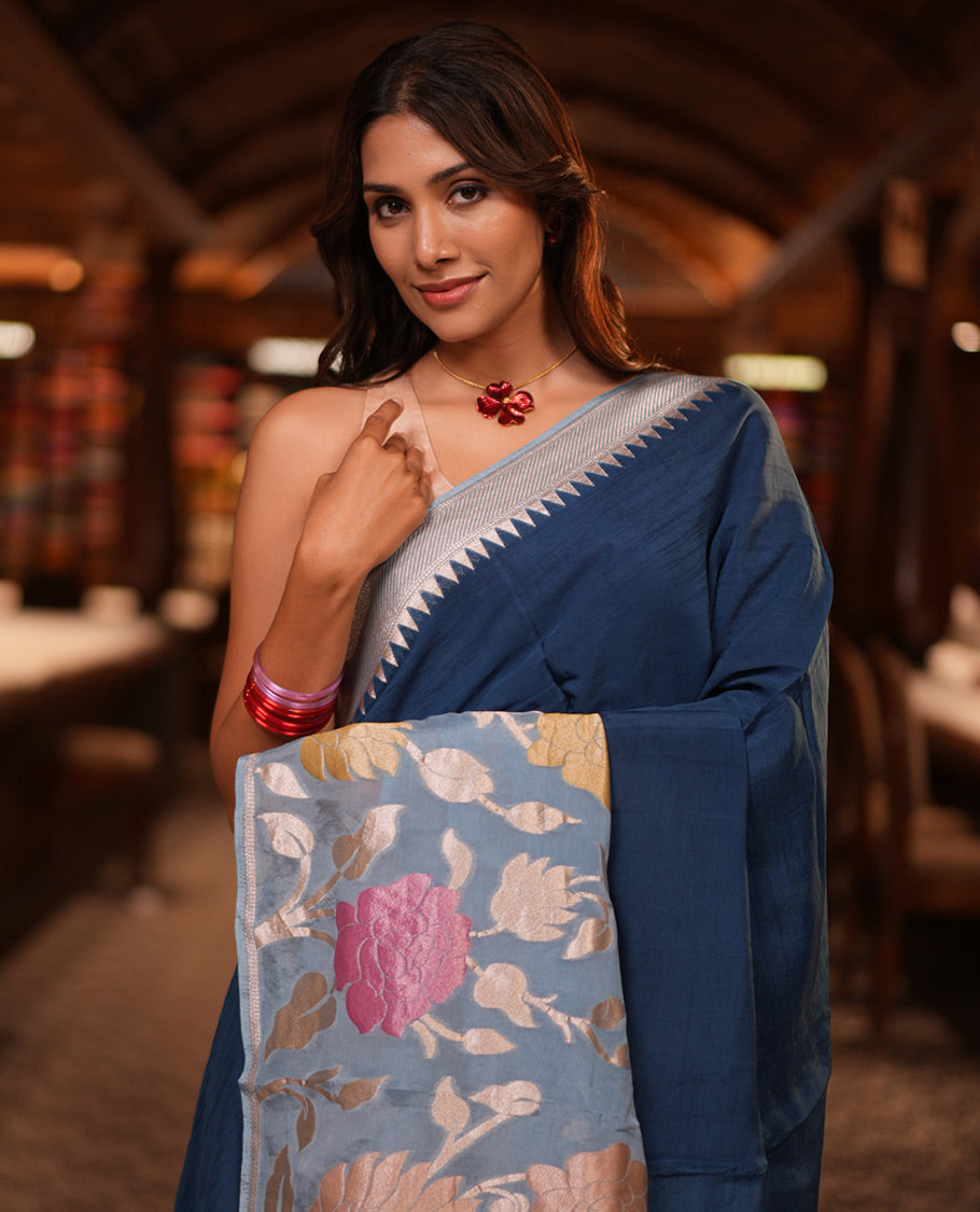Peacock Blue Plain Viscose Georgette Saree