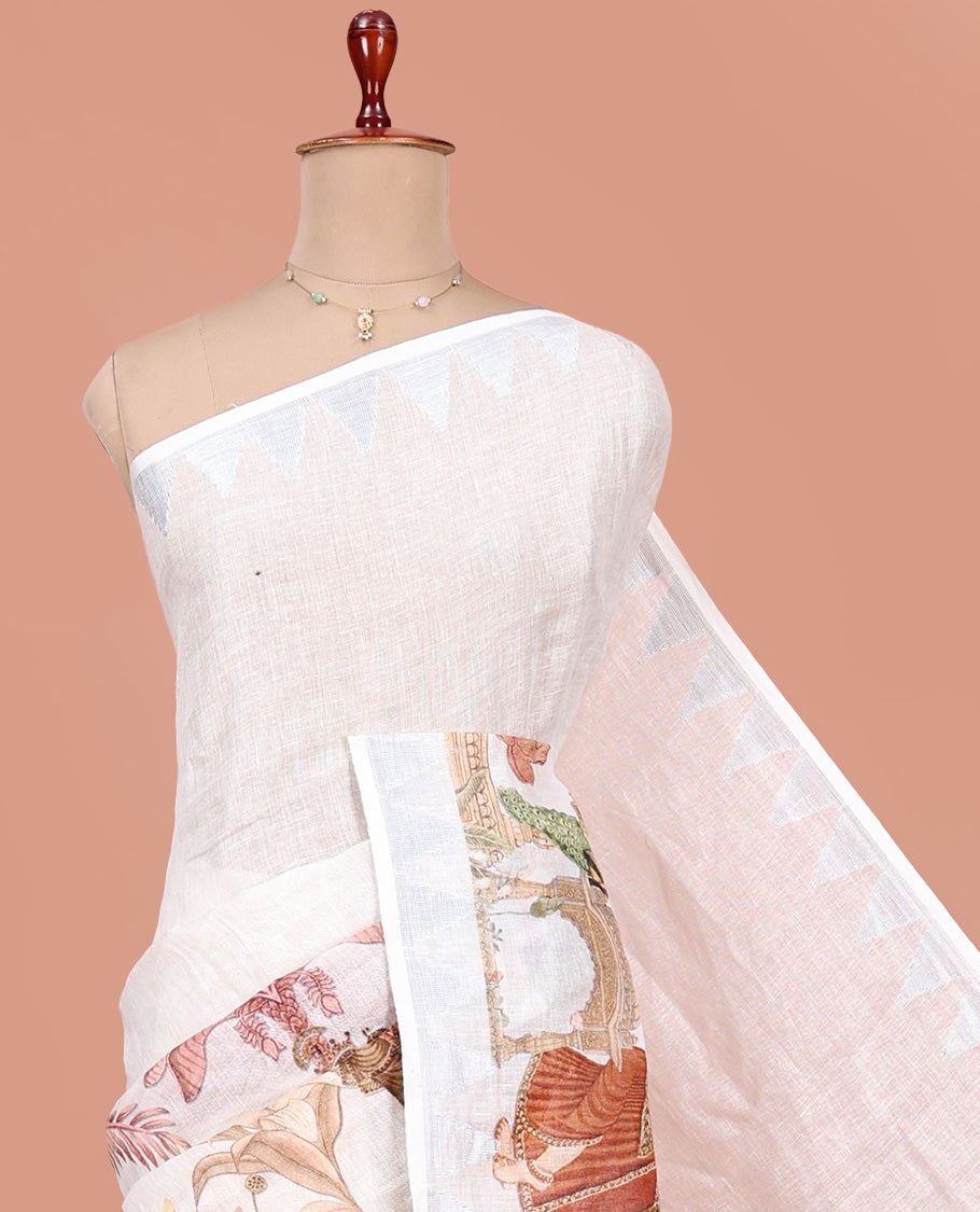 Cream-Base Linen Saree, Detailed with Floral, Peacock, and Mughal-Style Human Motifs Print, A Subtle Temple Border, an Artfully Printed Pallu, and Paired with a Matching Blouse