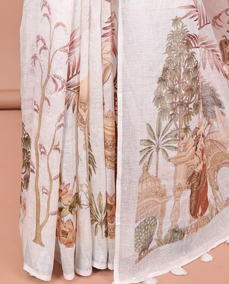 Cream-Base Linen Saree, Detailed with Floral, Peacock, and Mughal-Style Human Motifs Print, A Subtle Temple Border, an Artfully Printed Pallu, and Paired with a Matching Blouse
