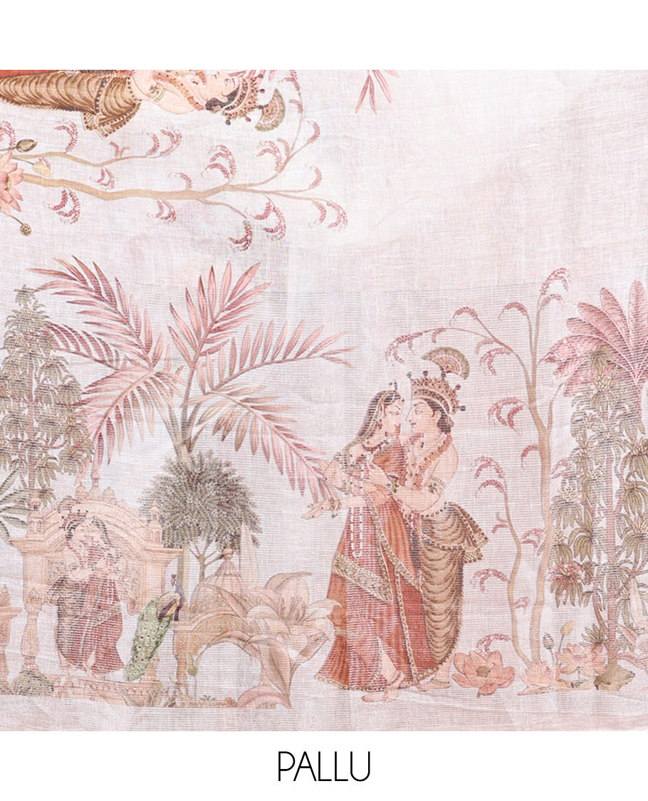 Cream-Base Linen Saree, Detailed with Floral, Peacock, and Mughal-Style Human Motifs Print, A Subtle Temple Border, an Artfully Printed Pallu, and Paired with a Matching Blouse