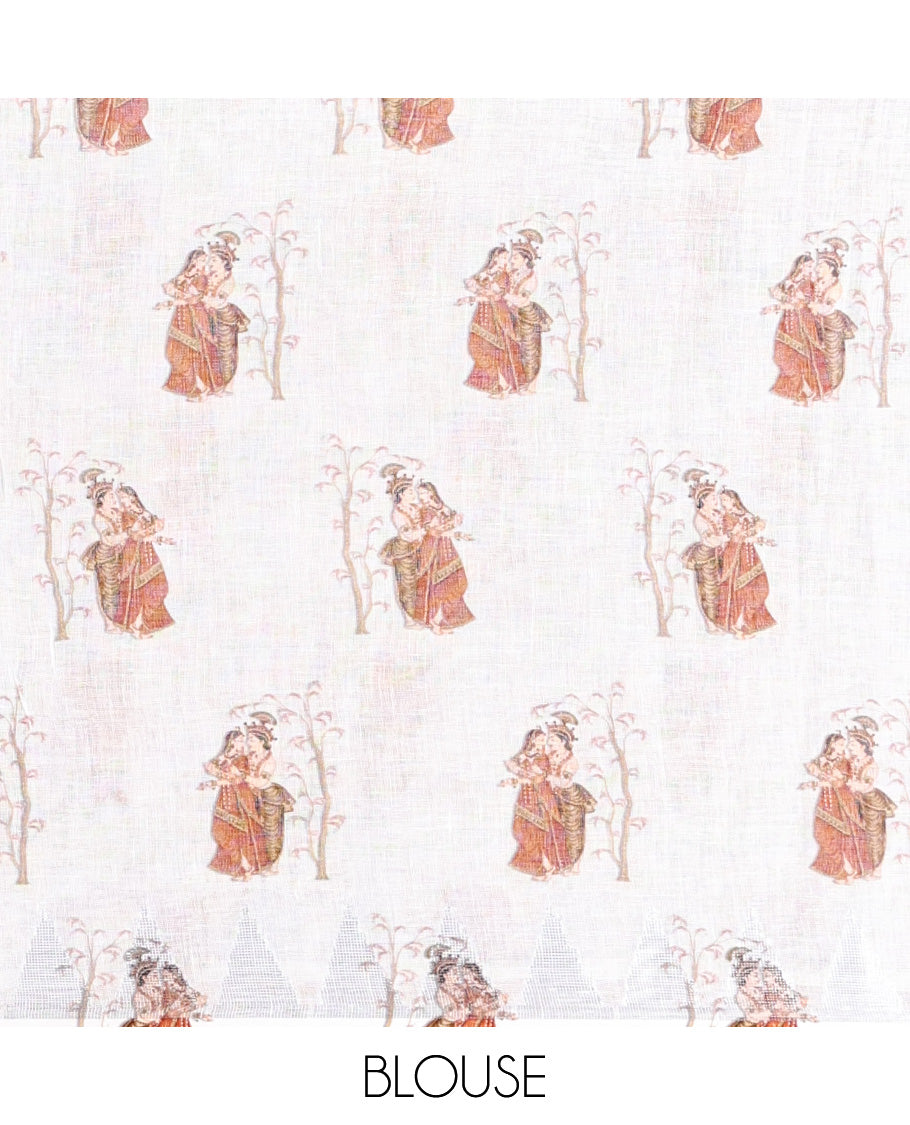 Cream-Base Linen Saree, Detailed with Floral, Peacock, and Mughal-Style Human Motifs Print, A Subtle Temple Border, an Artfully Printed Pallu, and Paired with a Matching Blouse