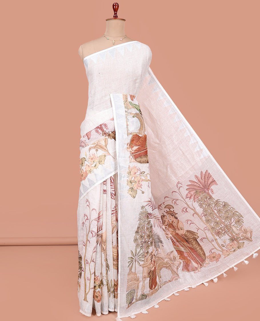 Cream-Base Linen Saree, Detailed with Floral, Peacock, and Mughal-Style Human Motifs Print, A Subtle Temple Border, an Artfully Printed Pallu, and Paired with a Matching Blouse