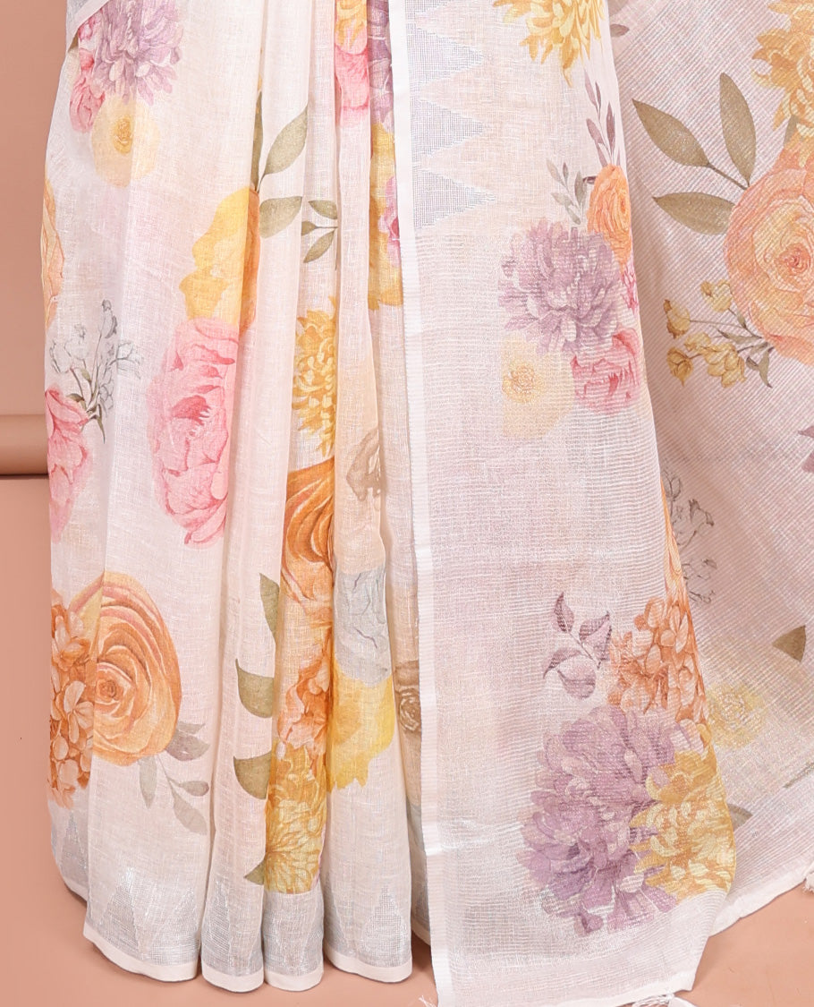 Cream-Base Linen Saree, Adorned with Floral-Themed Paint Splashes Printed All Over Its Body, Sparsely Woven Temple Border, and Paired with a Matching Blouse