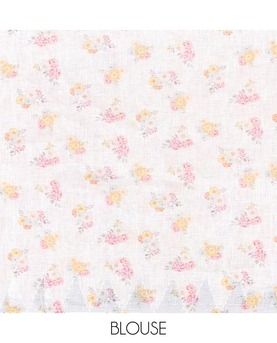 Cream-Base Linen Saree, Adorned with Floral-Themed Paint Splashes Printed All Over Its Body, Sparsely Woven Temple Border, and Paired with a Matching Blouse