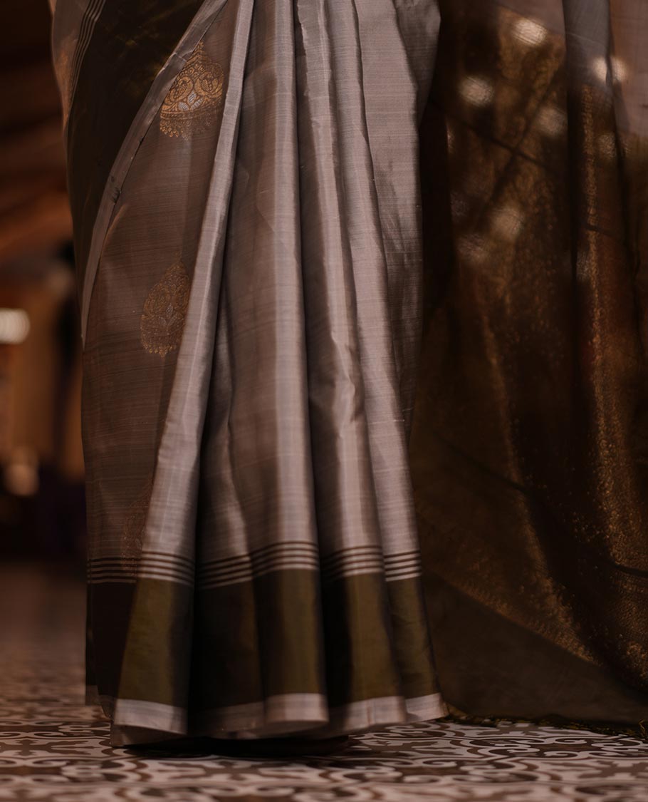 Grey-Mehendi Buttas Mayuri Lite Silk Mix Saree, Contrast Border, Grand Pallu, Contrast Blouse