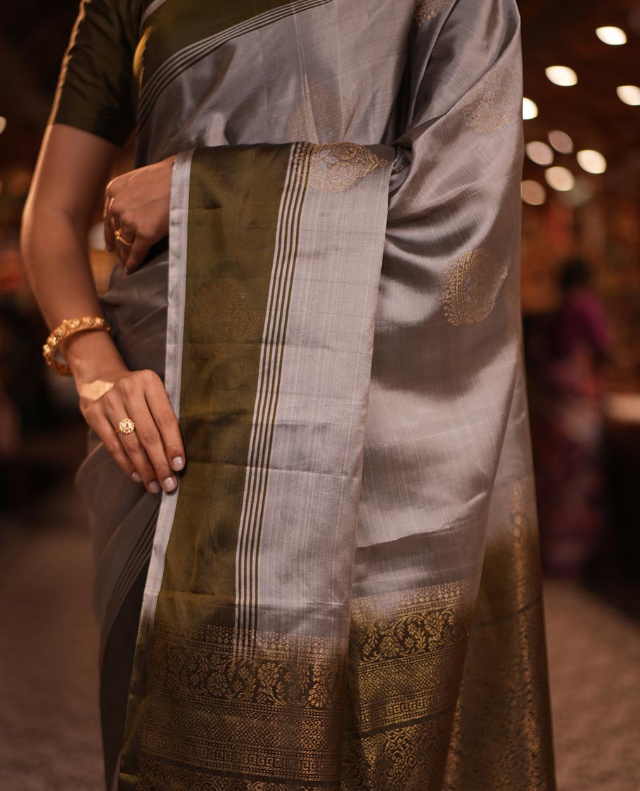 Grey-Mehendi Buttas Mayuri Lite Silk Mix Saree, Contrast Border, Grand Pallu, Contrast Blouse