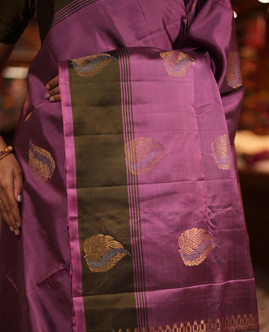 Onion Pink-Mehendi Zari Buttas Mayuri Lite Silkmix Saree, Contrast Border, Grand Pallu, Contrast Blouse