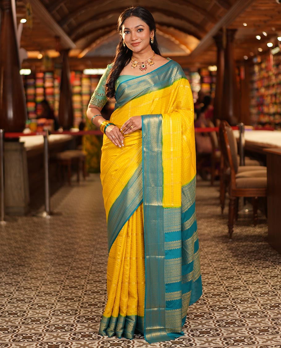 Yellow Fancy Mysore Silk Saree Features Zari Checks, Contrast Traditional Border, Grand Pallu, Contrast Blouse