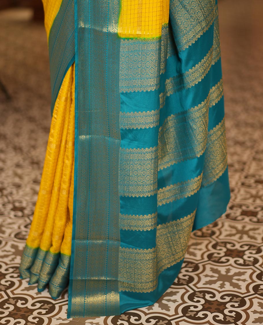 Yellow Fancy Mysore Silk Saree Features Zari Checks, Contrast Traditional Border, Grand Pallu, Contrast Blouse